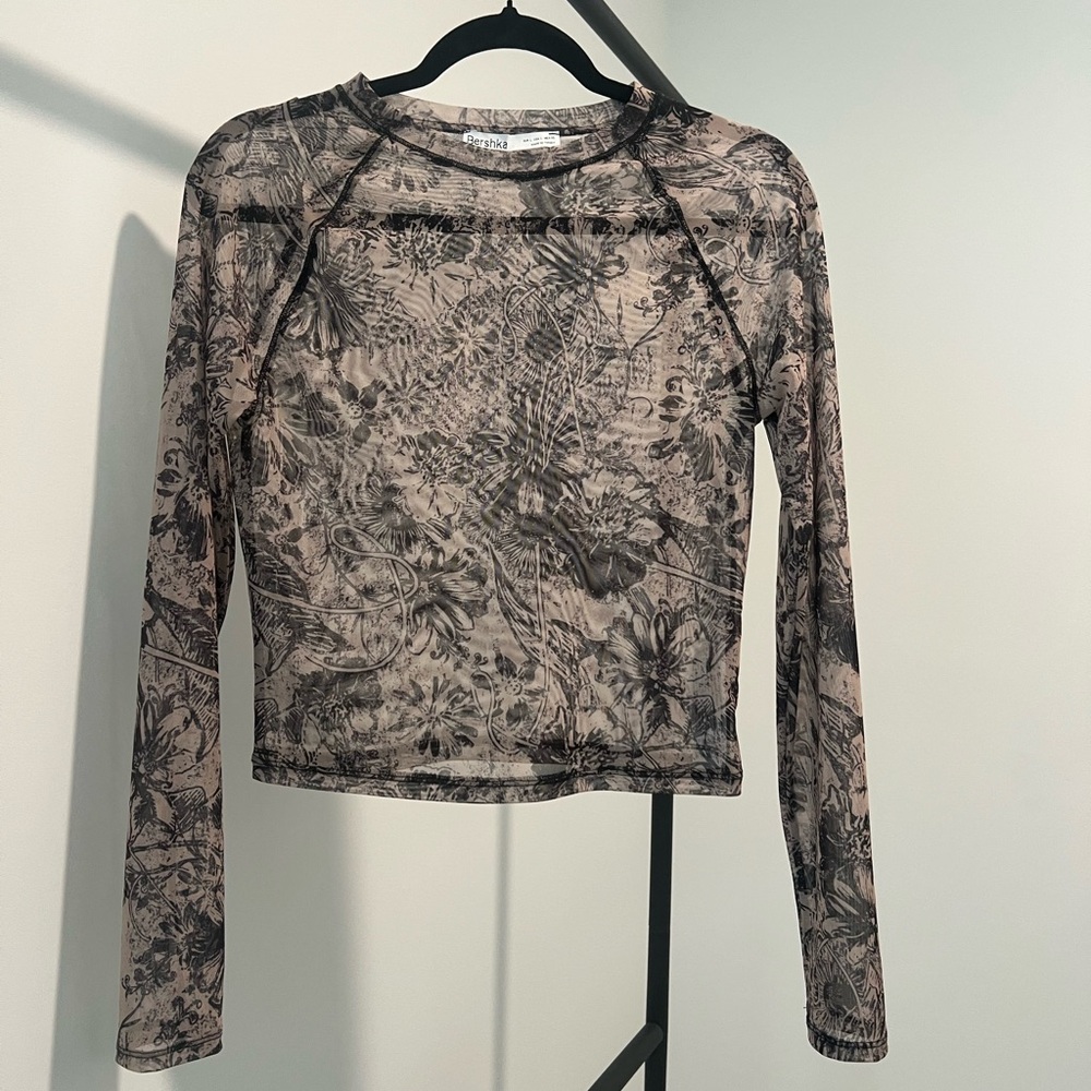 Bershka Black and Tan Floral Mesh Blouse